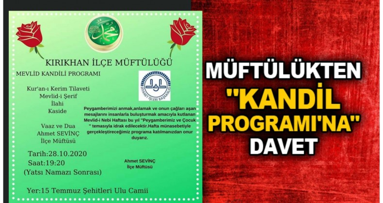 Kırıkhan’da Mevlid Kandili Programı düzenlenecek